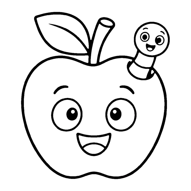 Line drawing of a smiling apple with a leaf and a little worm peeking out of the top