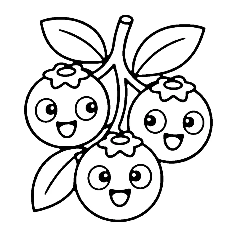 Line drawing of three smiling blueberries on a stem with leaves