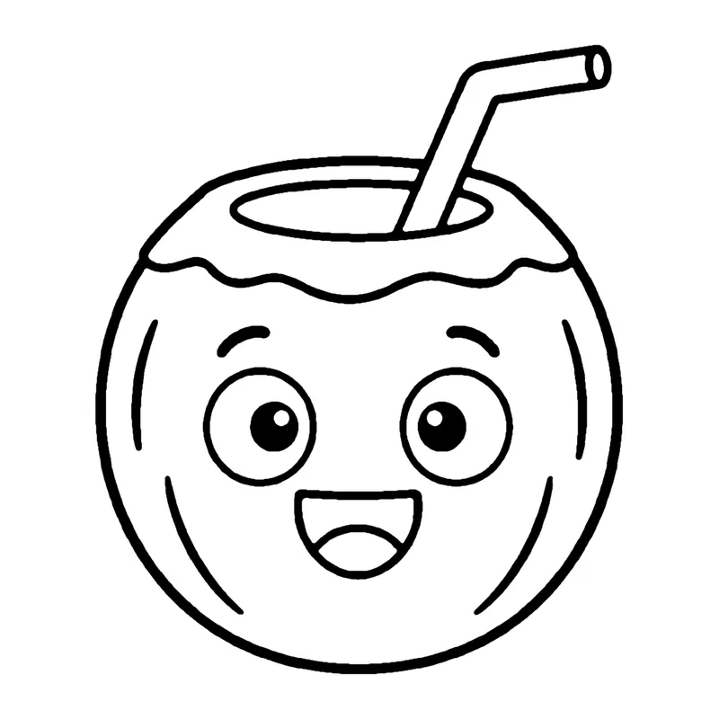 Line drawing of a smiling coconut with its top open and a drinking straw poking out