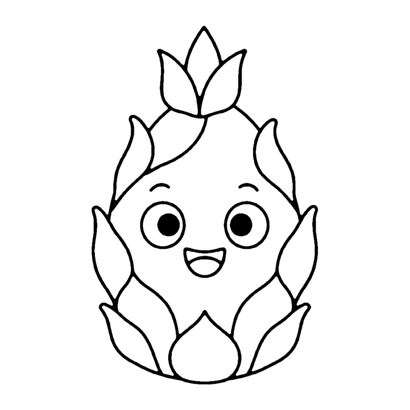 Line drawing of a smiling dragon fruit covered in pointed leafy scales