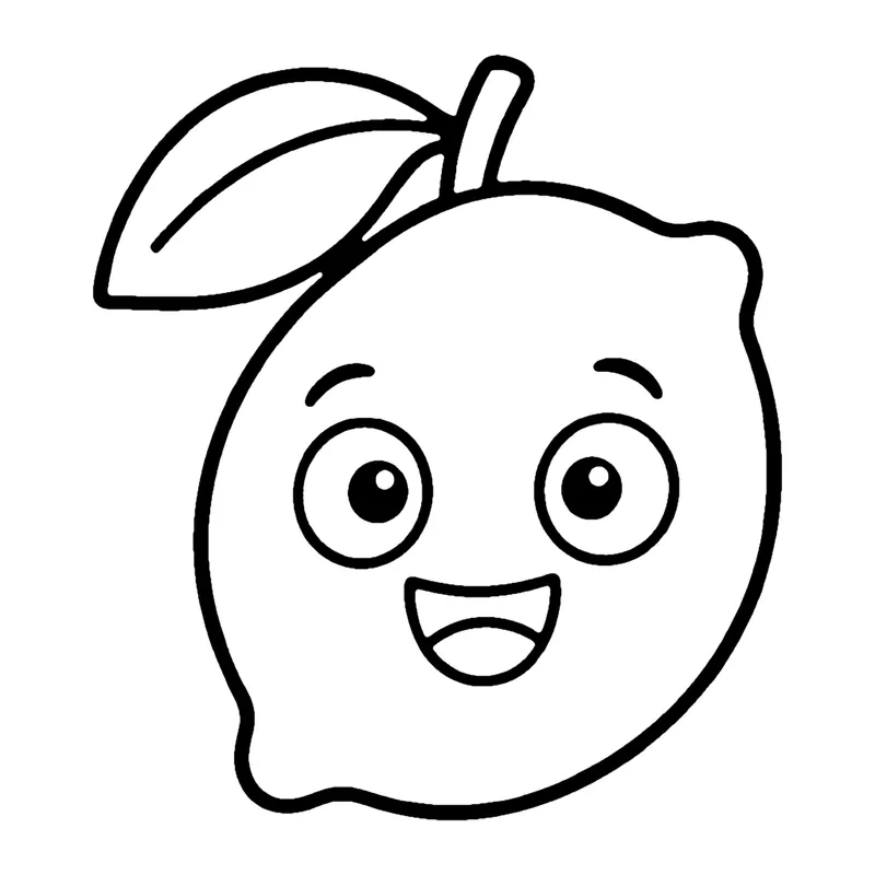 Line drawing of a smiling oval lemon with pointed ends and a leaf