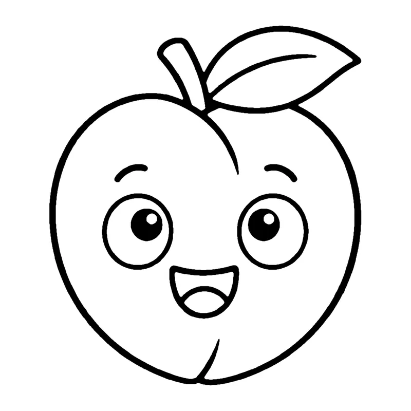 Line drawing of a smiling round peach with a crease down one side and a leaf