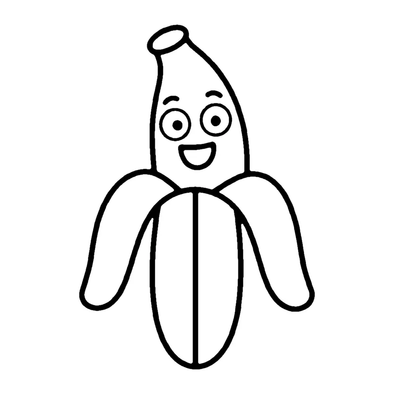 Line drawing of a smiling banana with its peel opened halfway down