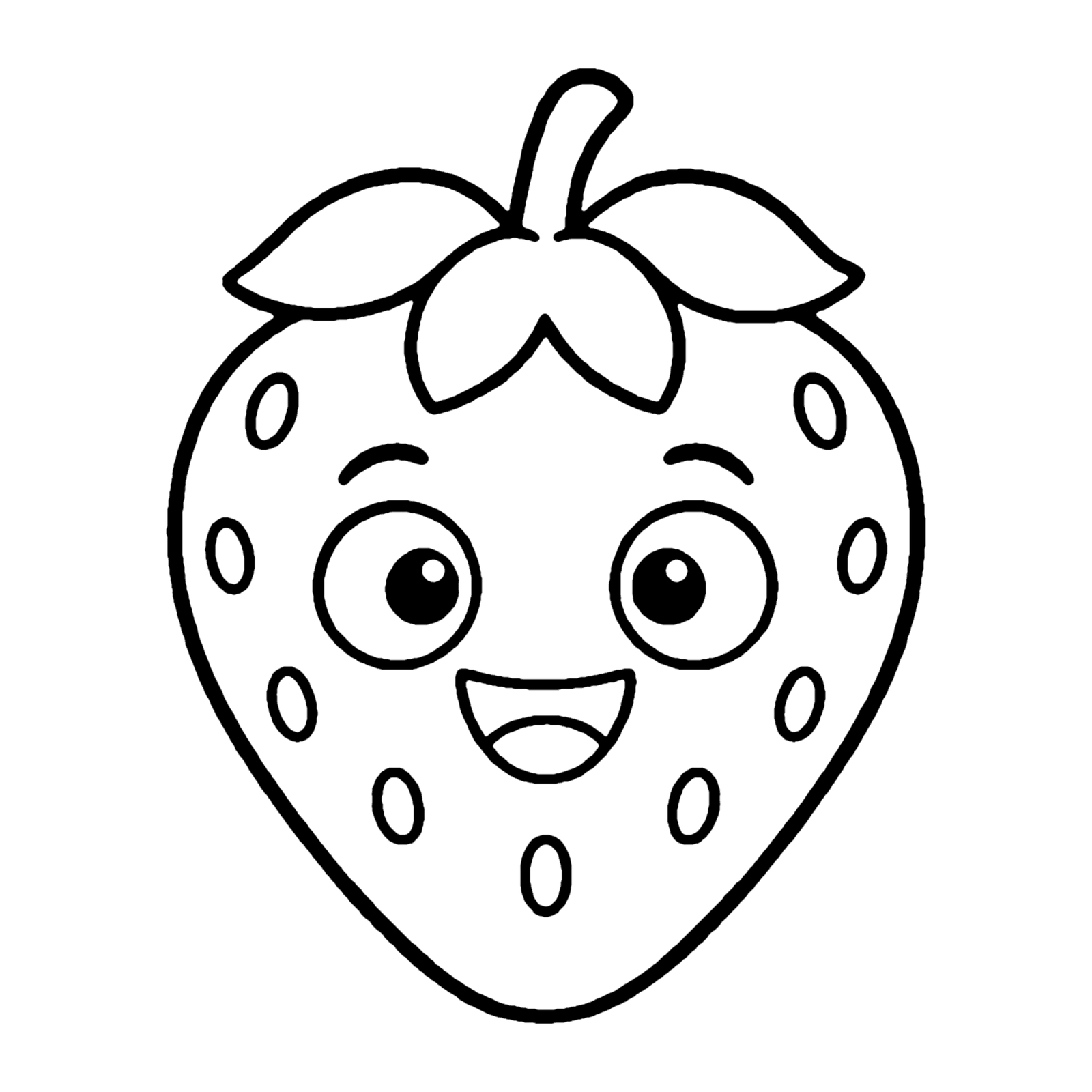 Line drawing of a smiling strawberry with a leafy green top and little seeds dotted over it