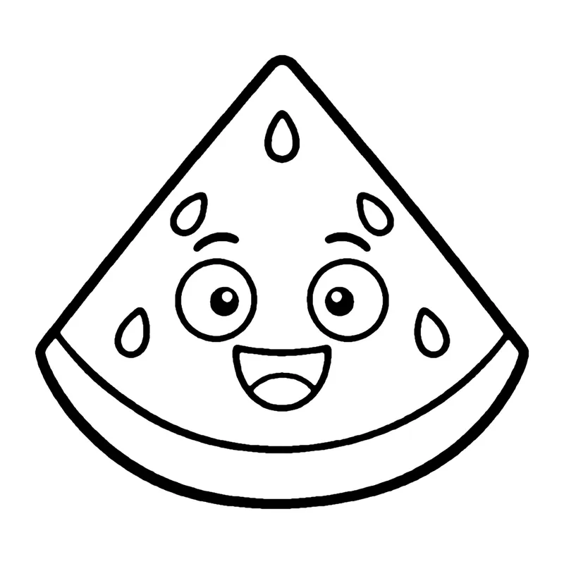 Line drawing of a smiling triangle-shaped watermelon slice with seeds and a curved rind