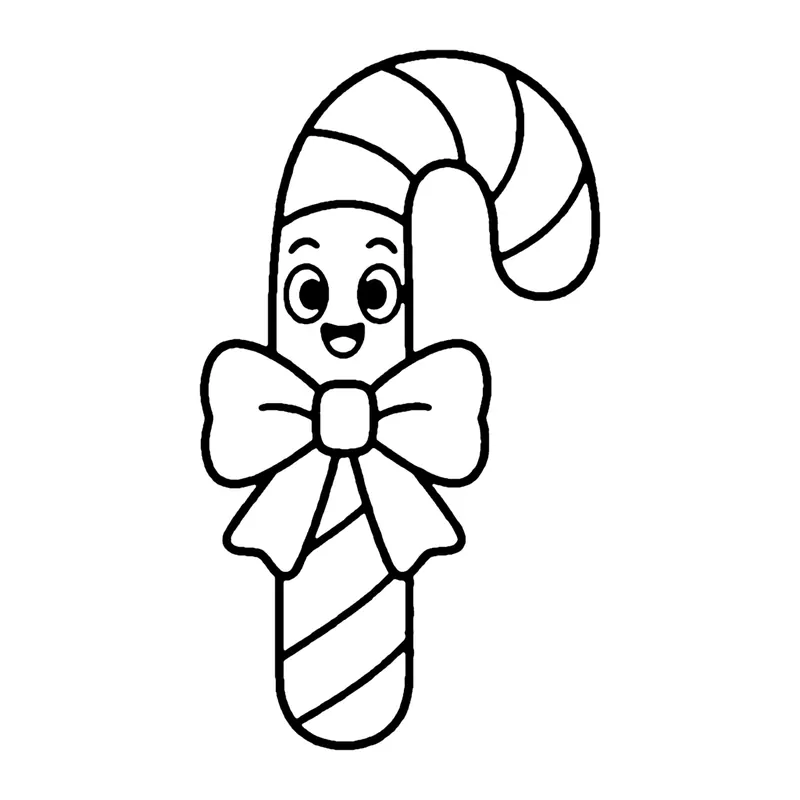 Line drawing of a smiling striped candy cane with a big bow tied around it