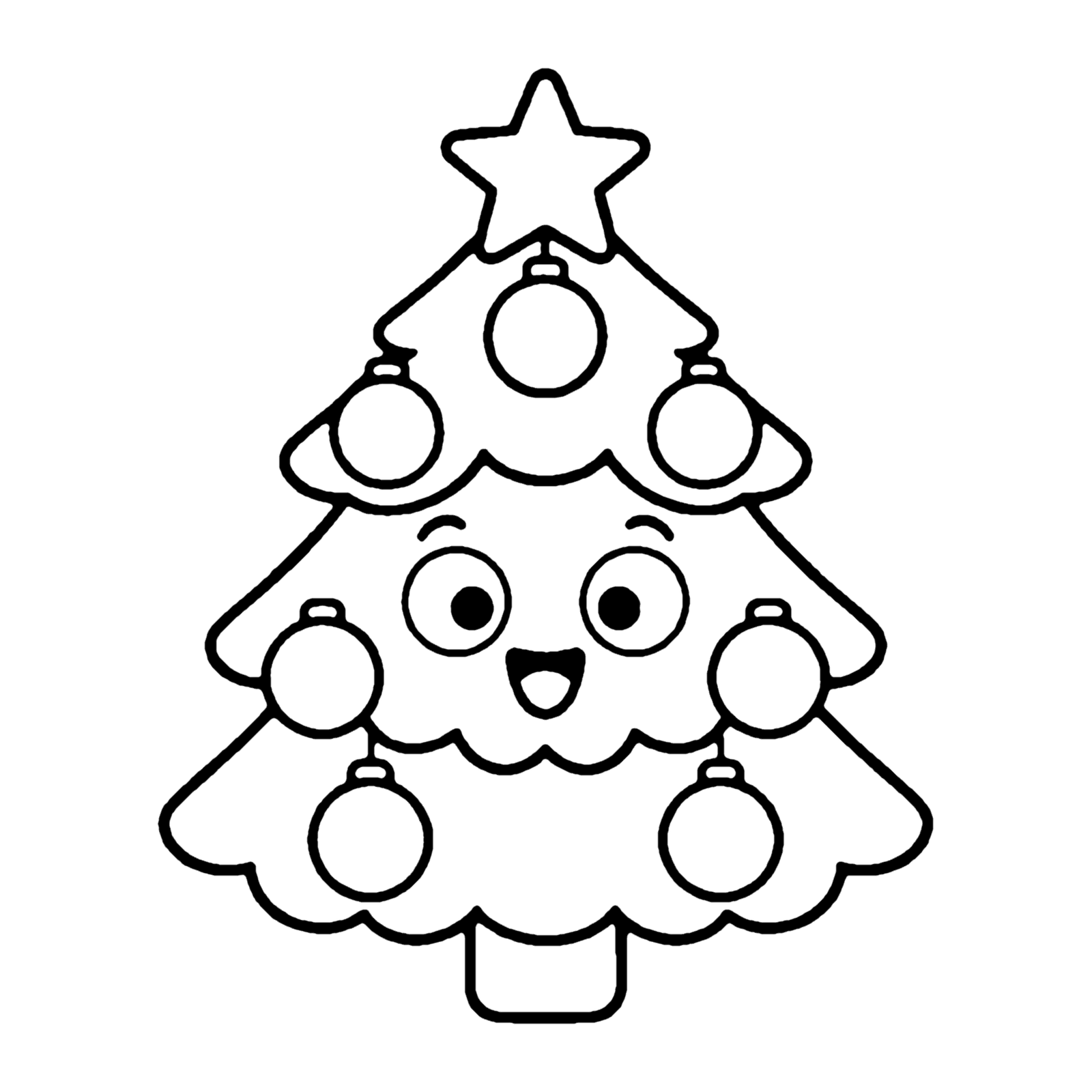 Line drawing of a smiling Christmas tree with a star on top and round ornaments on its branches