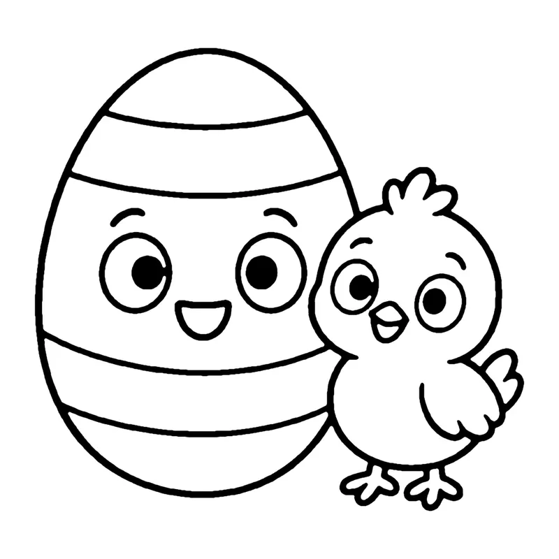Line drawing of a smiling striped Easter egg with a fluffy baby chick standing beside it