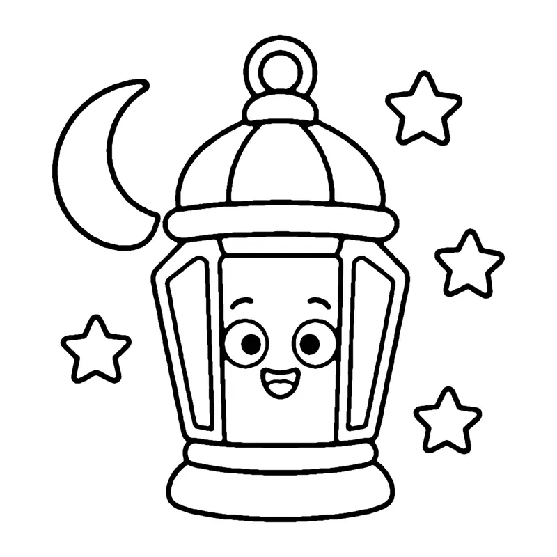 Line drawing of a smiling decorative lantern with a hanging ring, next to a crescent moon and stars