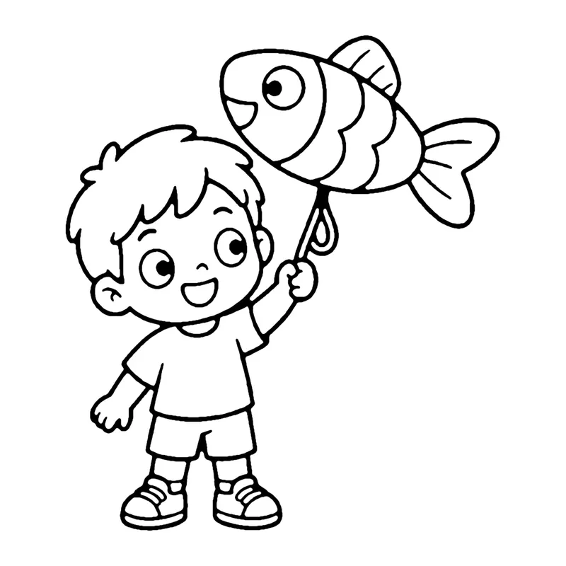 Line drawing of a smiling boy holding up a fish-shaped kite on a stick