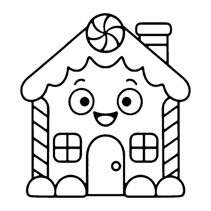 Line drawing of a smiling gingerbread house with icing on the roof, candy trim, windows and a chimney