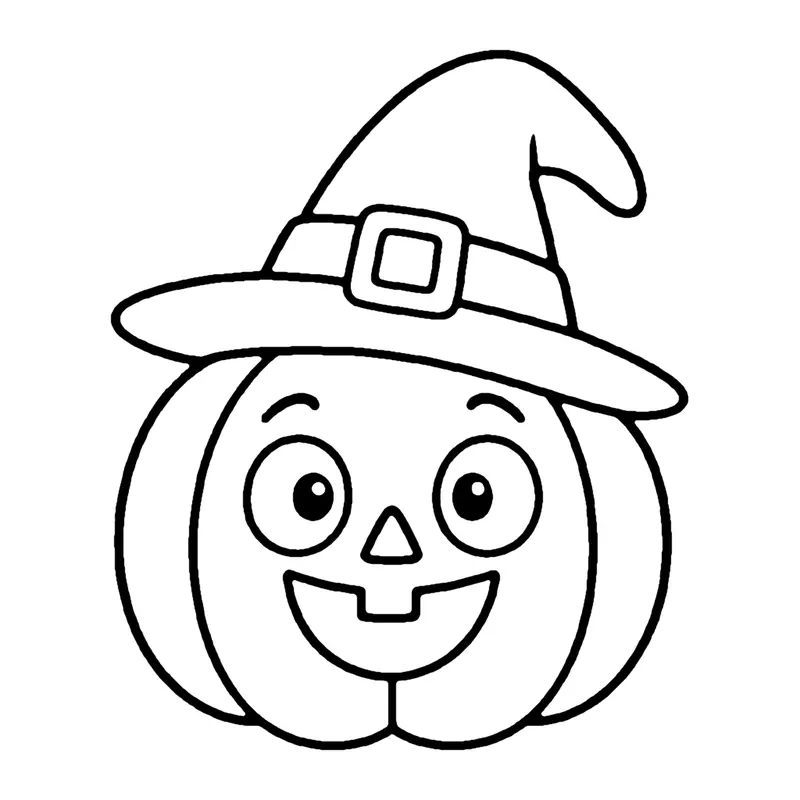 Line drawing of a smiling jack-o'-lantern pumpkin wearing a pointed witch hat with a buckle