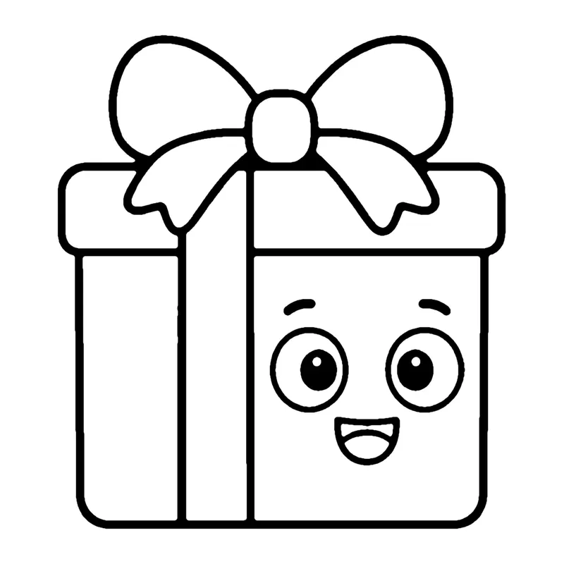 Line drawing of a smiling square gift box wrapped with a ribbon and a big bow on top