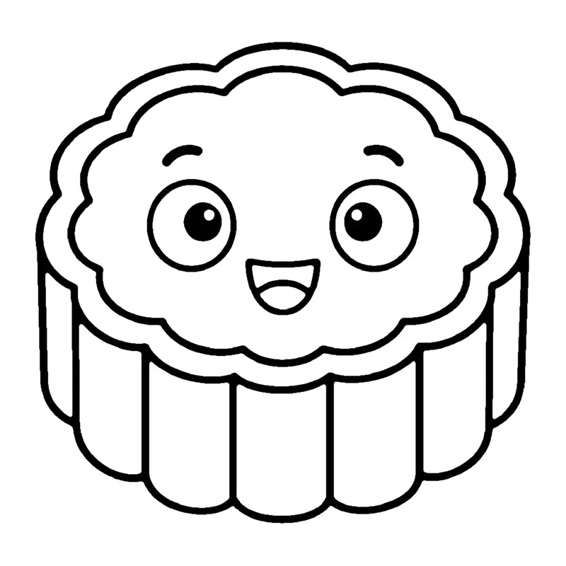 Line drawing of a smiling round mooncake with a scalloped edge and a pressed pattern on top