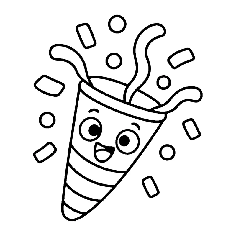 Line drawing of a smiling striped party popper bursting with confetti and curly streamers