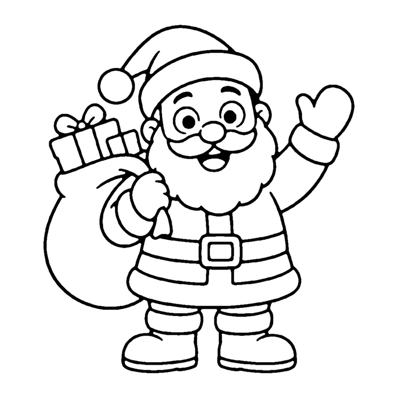 Line drawing of a jolly Santa Claus with a big beard waving and carrying a sack of presents