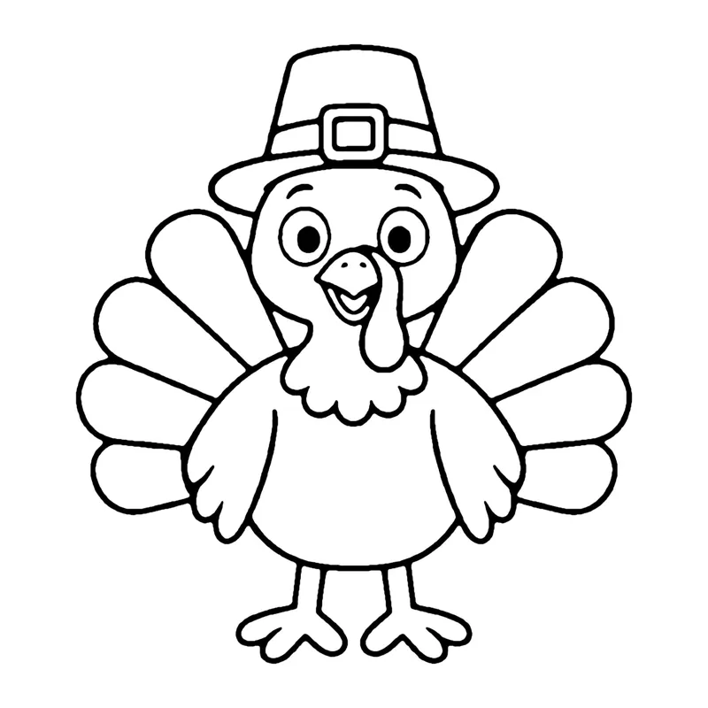 Line drawing of a turkey wearing a tall buckled hat with its tail feathers fanned out