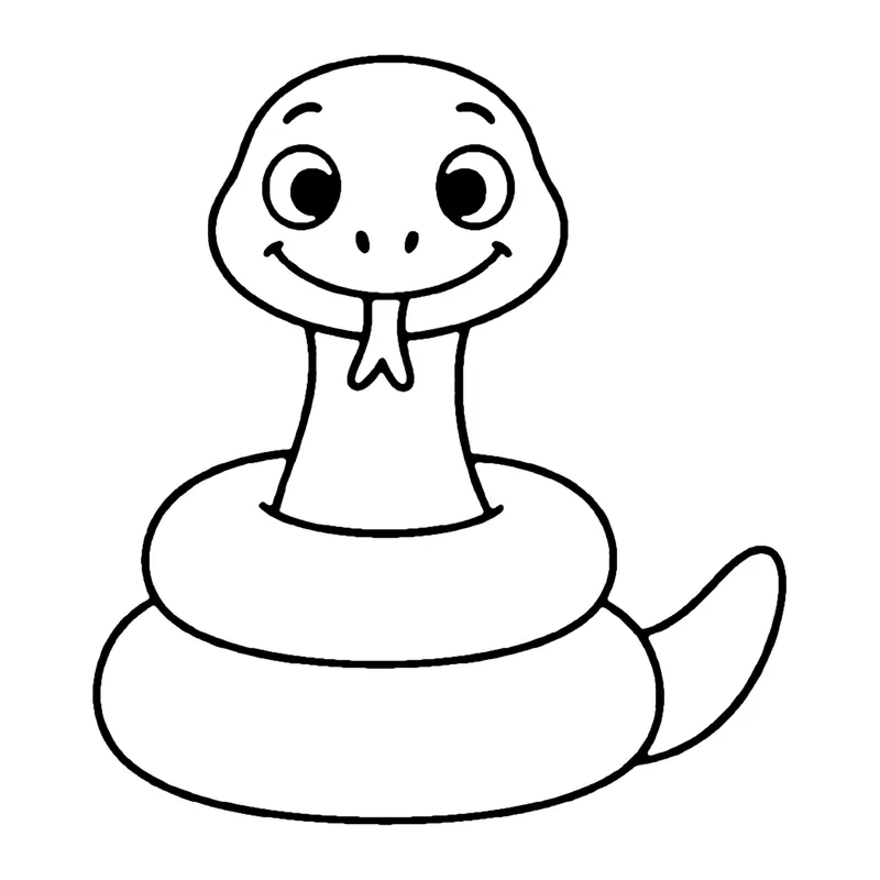Line drawing of a smiling snake coiled in a pile with its forked tongue sticking out