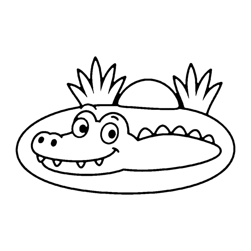 Line drawing of a smiling crocodile peeking out of a pond with grass tufts on the far bank