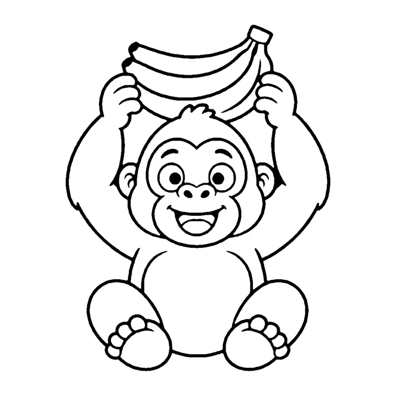 Line drawing of a happy gorilla sitting and holding a bunch of bananas above its head