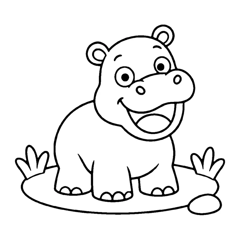 Line drawing of a round smiling hippo standing on a patch of ground with grass tufts and a pebble