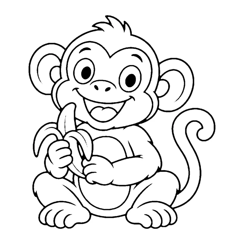 Line drawing of a cheerful monkey sitting and holding a half-peeled banana, curly tail behind
