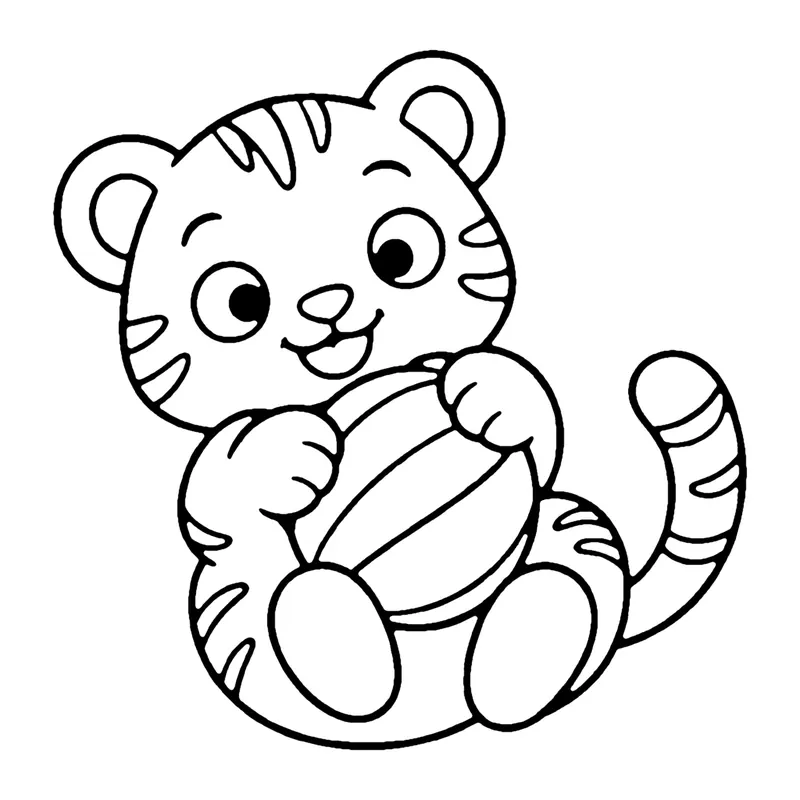 Line drawing of a tiger cub sitting and hugging a striped ball, its striped tail curling up