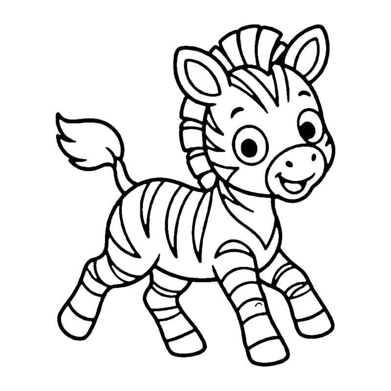 Line drawing of a prancing zebra with bold stripes, a spiky striped mane and a swishing tail