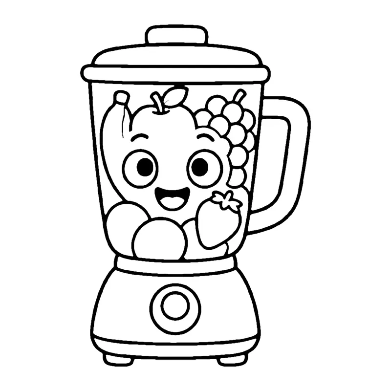 Line drawing of a smiling blender filled with fruit like apples, grapes and a strawberry