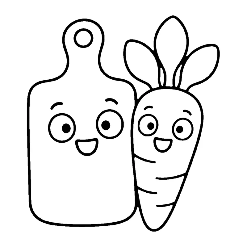 Line drawing of a smiling cutting board standing next to a smiling carrot with leafy top