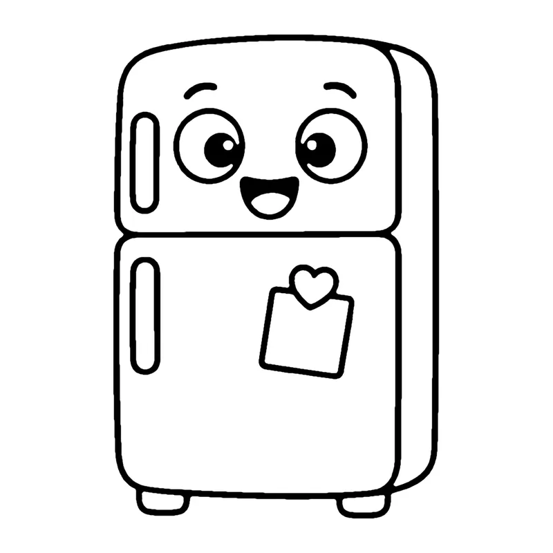 Line drawing of a smiling two-door fridge with a heart magnet holding a note