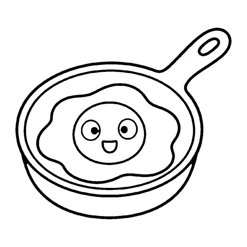 Line drawing of a frying pan with a long handle cooking a smiling fried egg