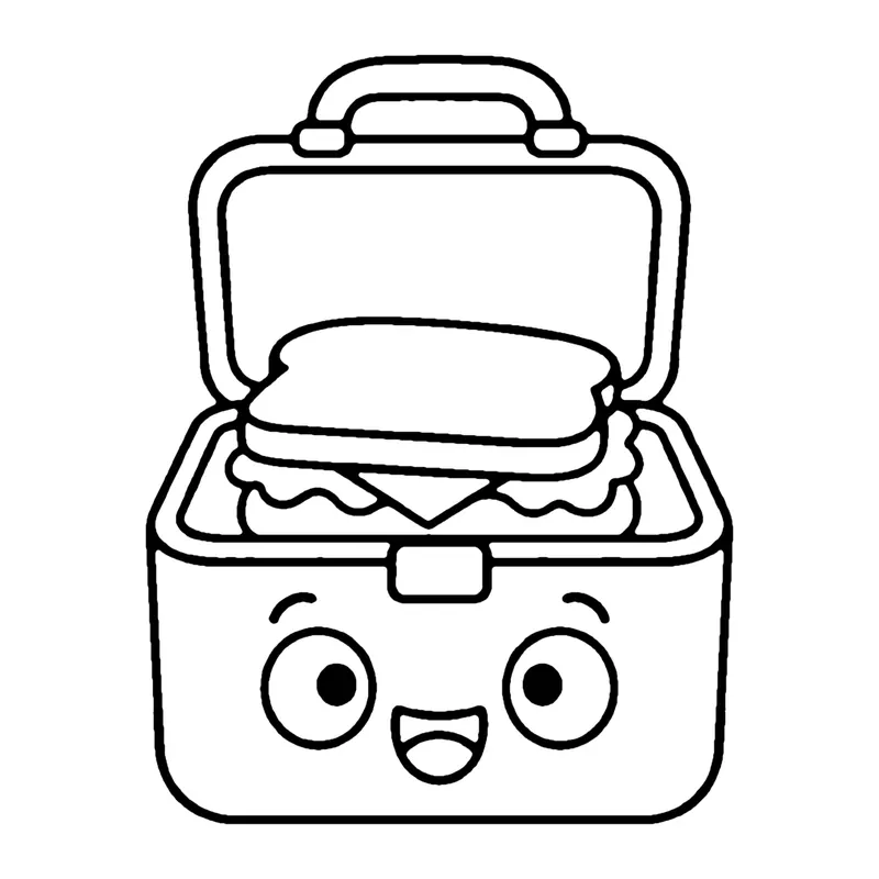 Line drawing of a smiling open lunchbox with a sandwich inside and a handle on top