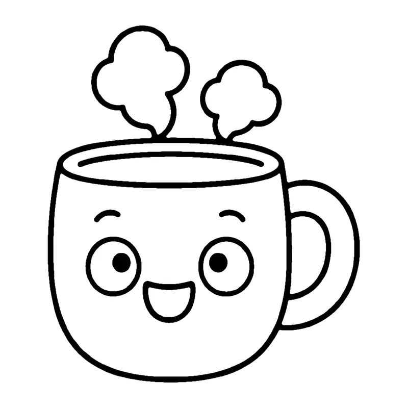 Line drawing of a smiling mug with a handle and swirls of steam rising from the top
