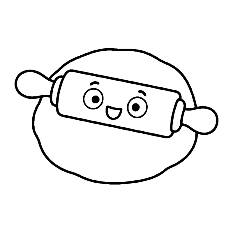 Line drawing of a smiling rolling pin rolling over a flat round sheet of dough