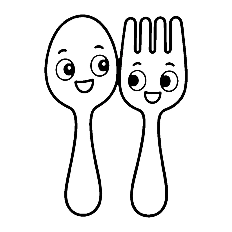 Line drawing of a smiling spoon and a smiling fork standing side by side