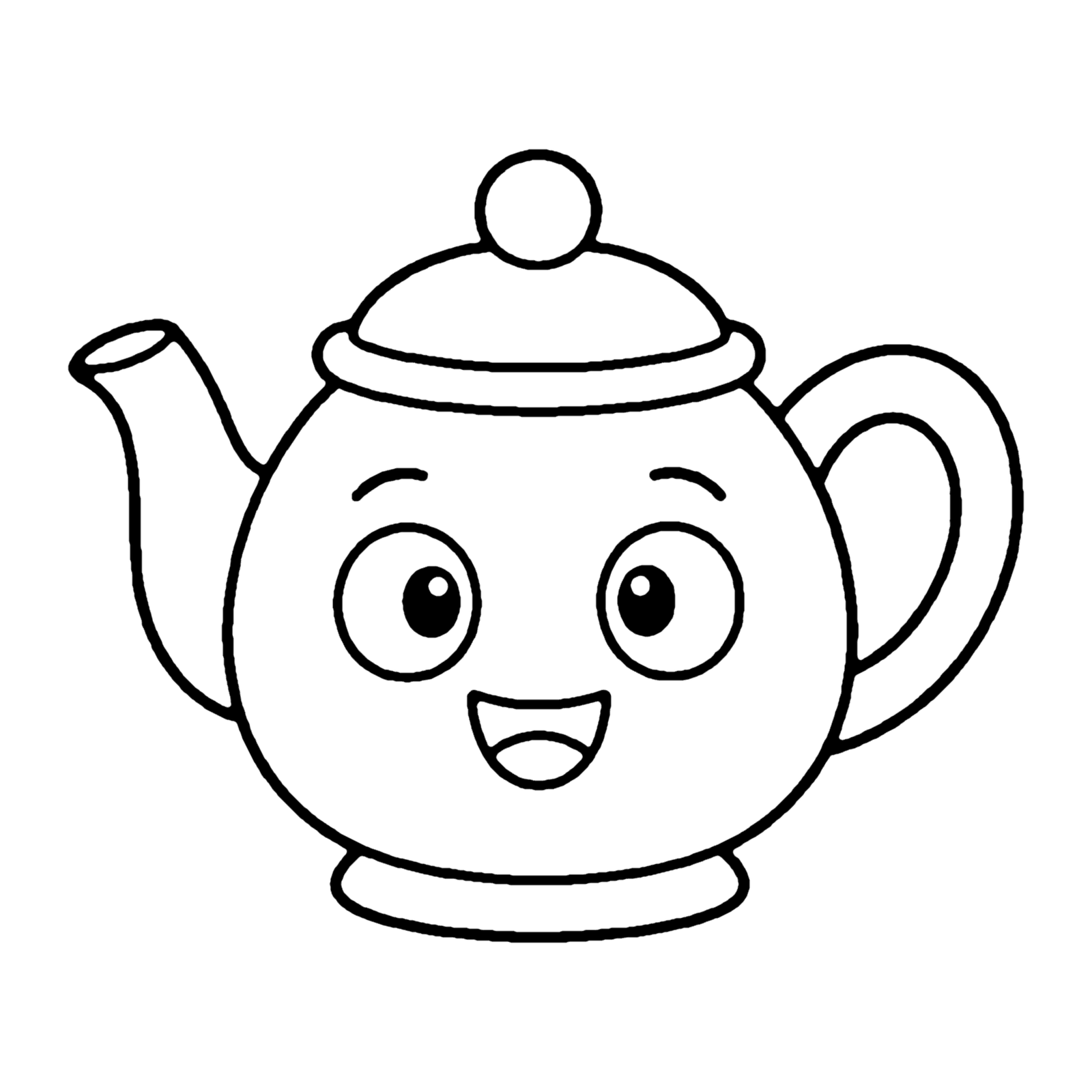 Line drawing of a round smiling teapot with a curved spout, a handle and a knob on the lid