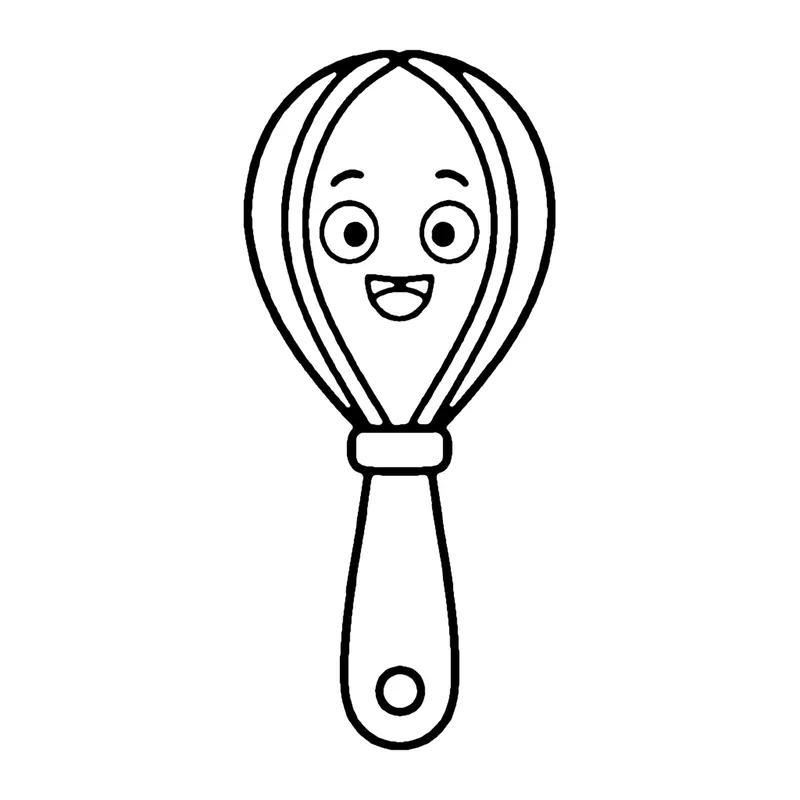 Line drawing of a smiling balloon whisk with wire loops and a handle