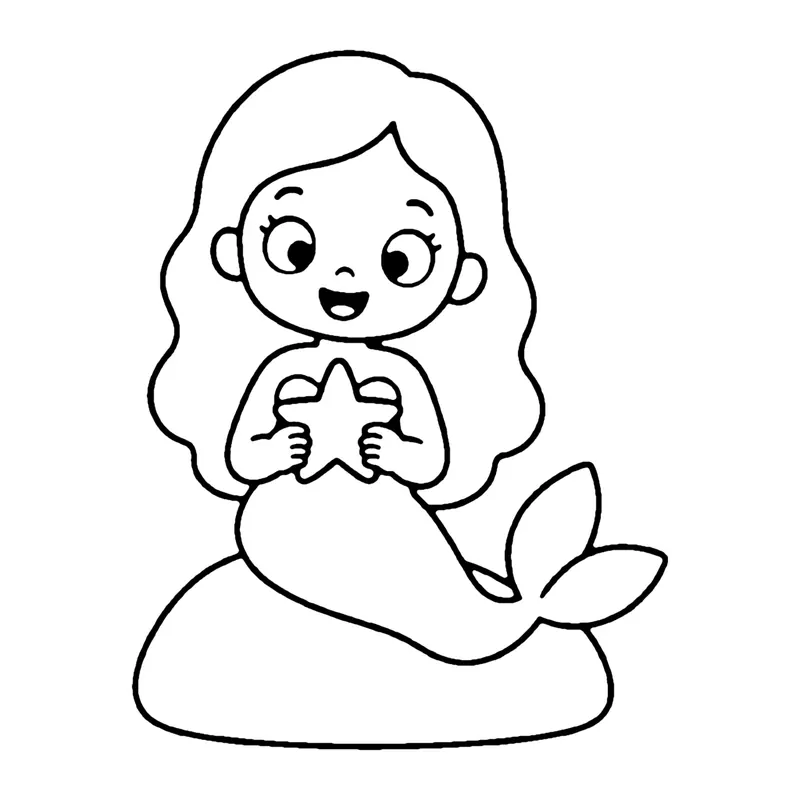 Line drawing of a little mermaid sitting on a rock holding a starfish in both hands