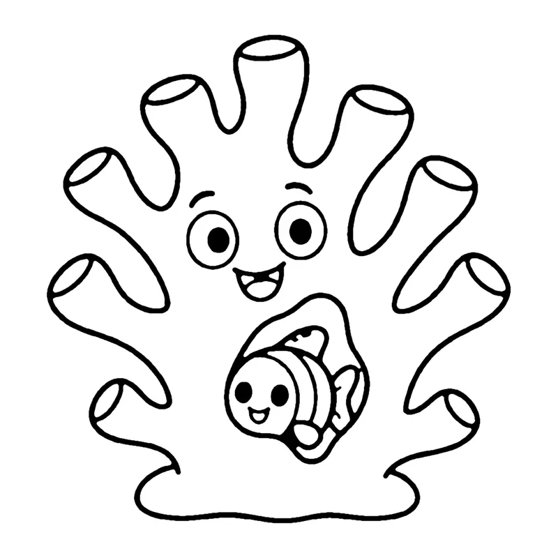 Line drawing of a branching coral with a smiling face and a little clownfish peeking out