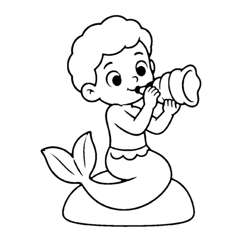 Merboy Blowing a Shell Horn coloring page