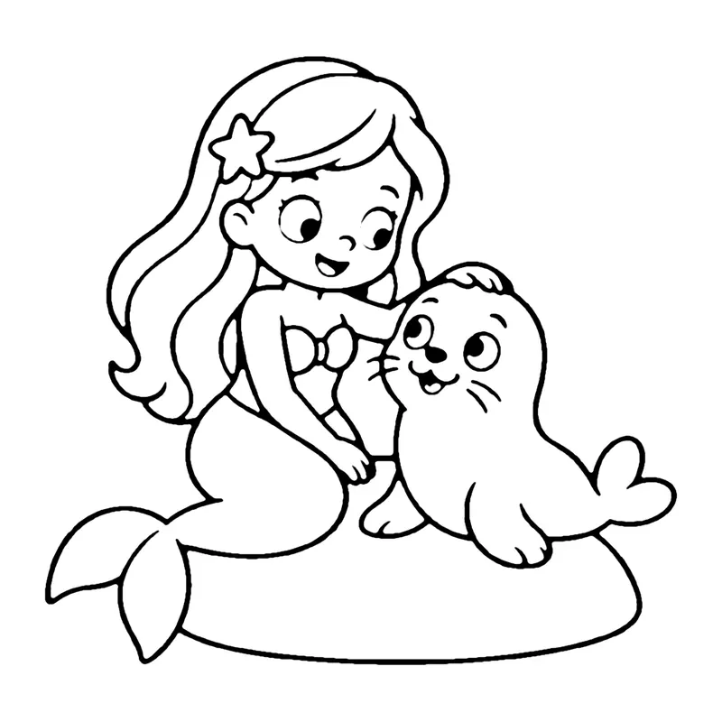 Line drawing of a mermaid cuddling a smiling seal pup on a rock