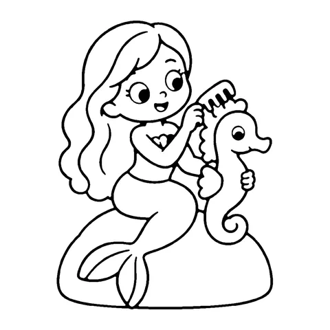 Mermaid Brushing a Seahorse coloring page