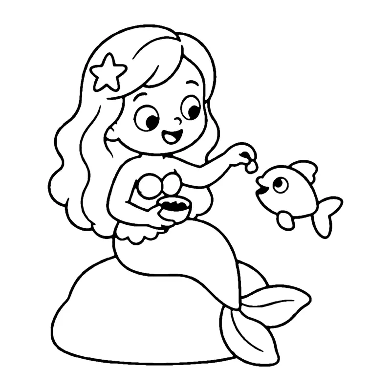 Line drawing of a mermaid on a rock sprinkling food from a small bowl to a little fish