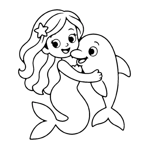 Mermaid Hugging a Dolphin coloring page