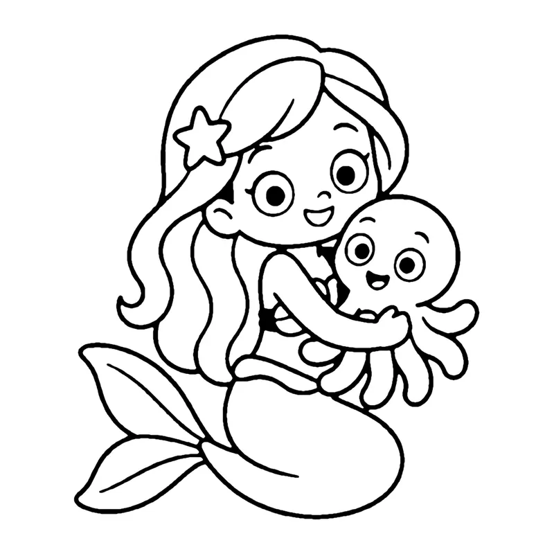 Line drawing of a mermaid hugging a smiling baby octopus close to her chest