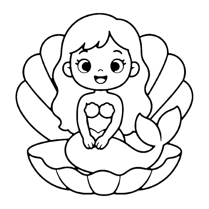 Line drawing of a mermaid sitting inside a big open clam shell
