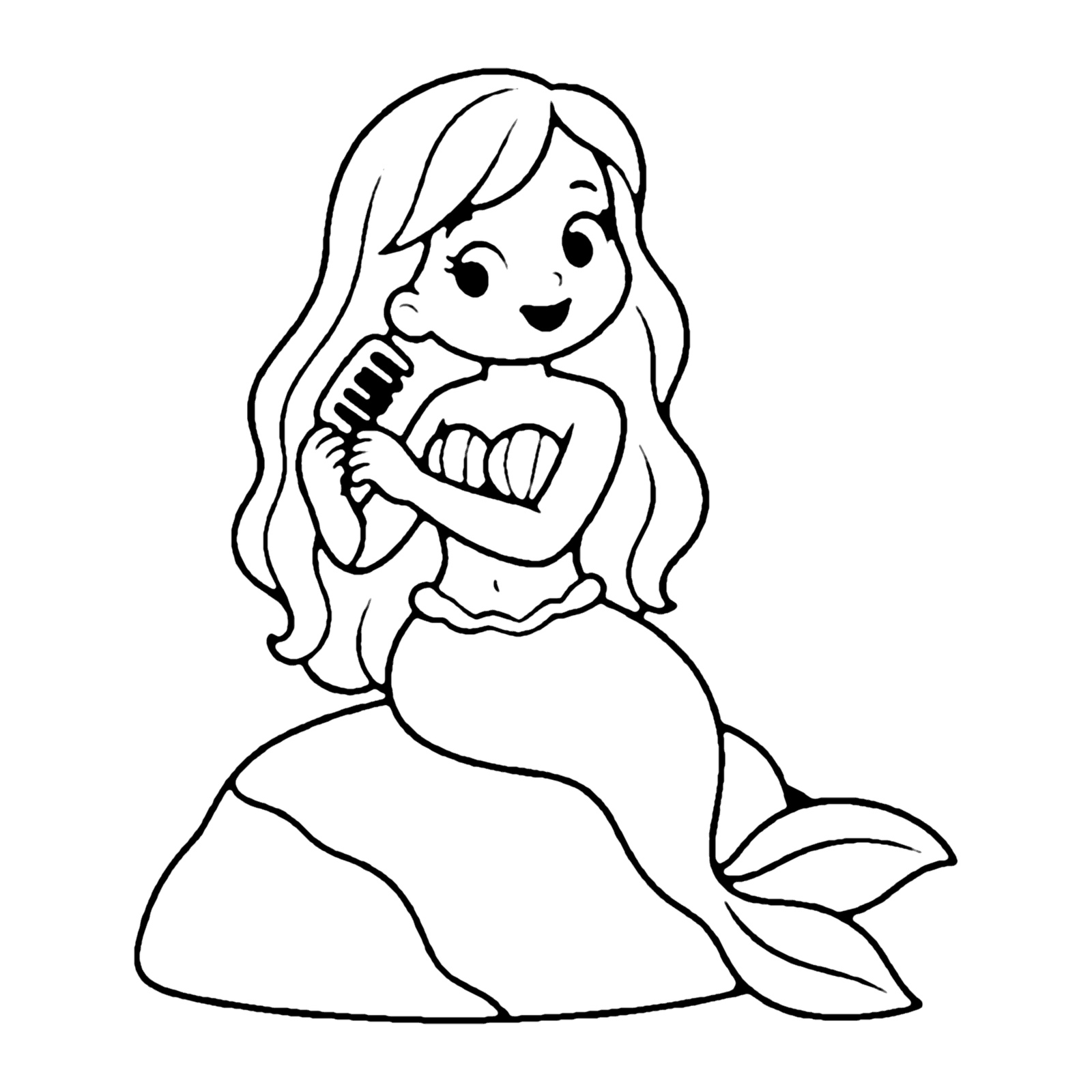 Line drawing of a mermaid with long wavy hair combing it while sitting on a rock