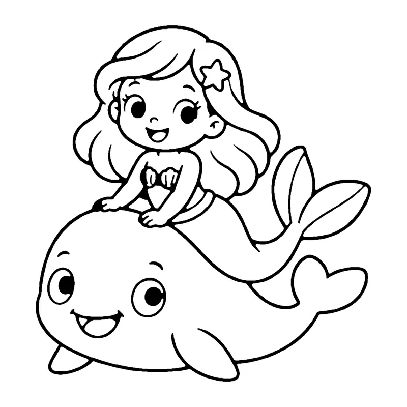 Line drawing of a mermaid sitting on top of a big smiling whale