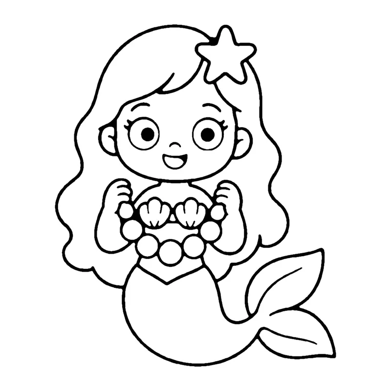 Line drawing of a mermaid wearing a pearl necklace and a starfish in her hair